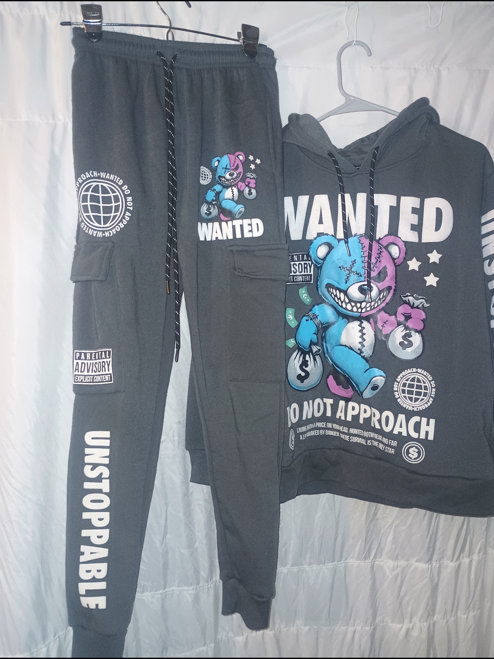 Wanted Teddy Graphic Hoodie & Joggers Set - Black with Blue/Pink Teddy